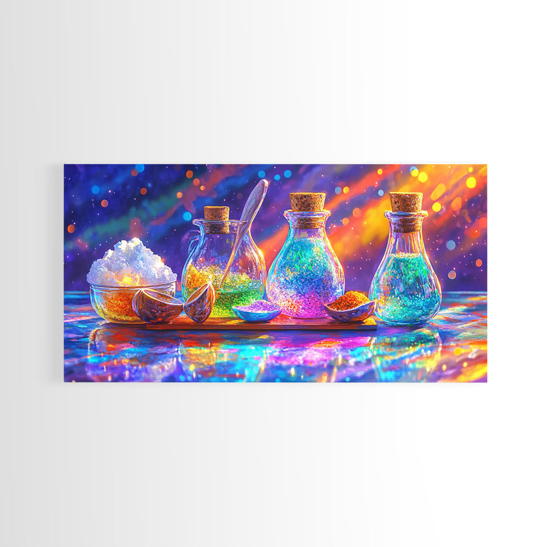 Rainbow Glass Spice Bottles With Salt And Citrus Canvas Print, Kitchen Wall Art, Colorful Decor, Food Art, Housewarming Gift