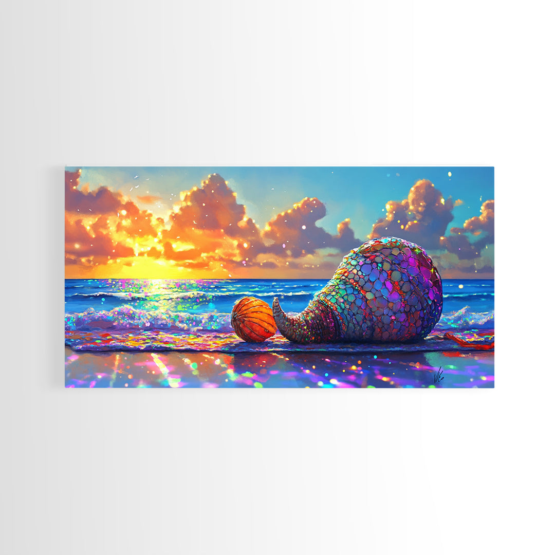 Mosaic Mermaid Tail Seashell At Ocean Sunset Canvas Print, Coastal Wall Art, Beach House Decor, Nautical Decor, Gift For Her