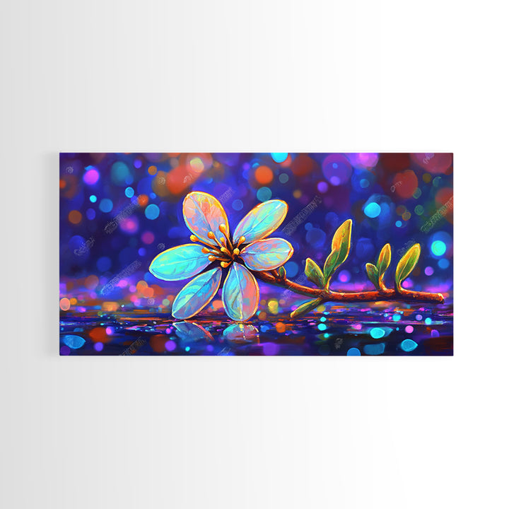 Delicate Blue Flower Branch With Bokeh Lights Canvas Print, Botanical Wall Art, Floral Wall Decor, Nature Art, Gift For Her