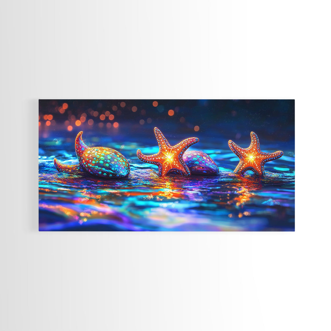 Glowing Starfish And Seashells On Neon Tide Canvas Print, Coastal Wall Art, Ocean Decor, Beach House Gift For Her, Living Room Decor