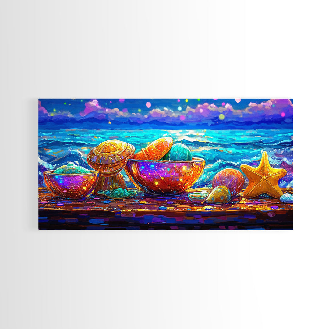 Rainbow Seashells And Starfish By Ocean Canvas Print, Coastal Wall Art, Beach House Decor, Nautical Living Room Art, Ocean Wall Decor