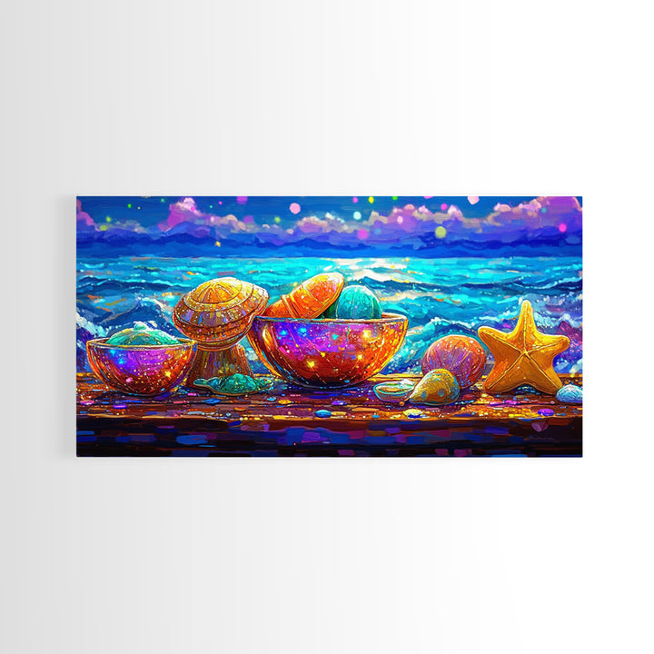Rainbow Seashells And Starfish By Ocean Canvas Print, Coastal Wall Art, Beach House Decor, Nautical Living Room Art, Ocean Wall Decor