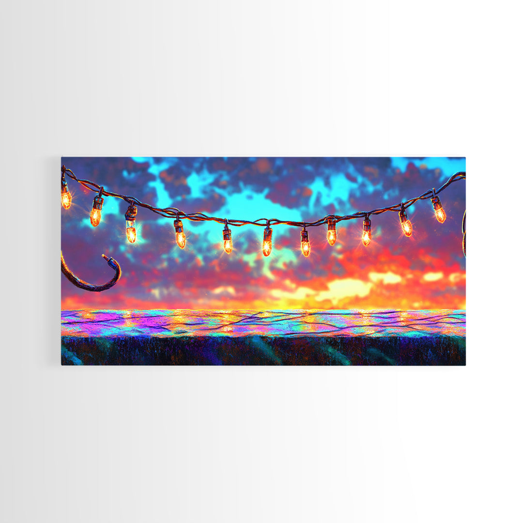 String Lights Over Sunset Patio Canvas Print, Outdoor Wall Art, Patio Decor, Rustic Home Decor, Summer Wall Decor, Gift For Her