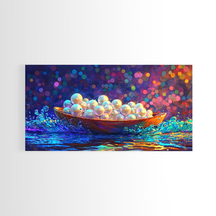 Glowing Pearls In Wooden Bowl Canvas Print, Coastal Wall Art, Ocean Decor, Elegant Bathroom Art, Luxury Home Decor, Gift For Her