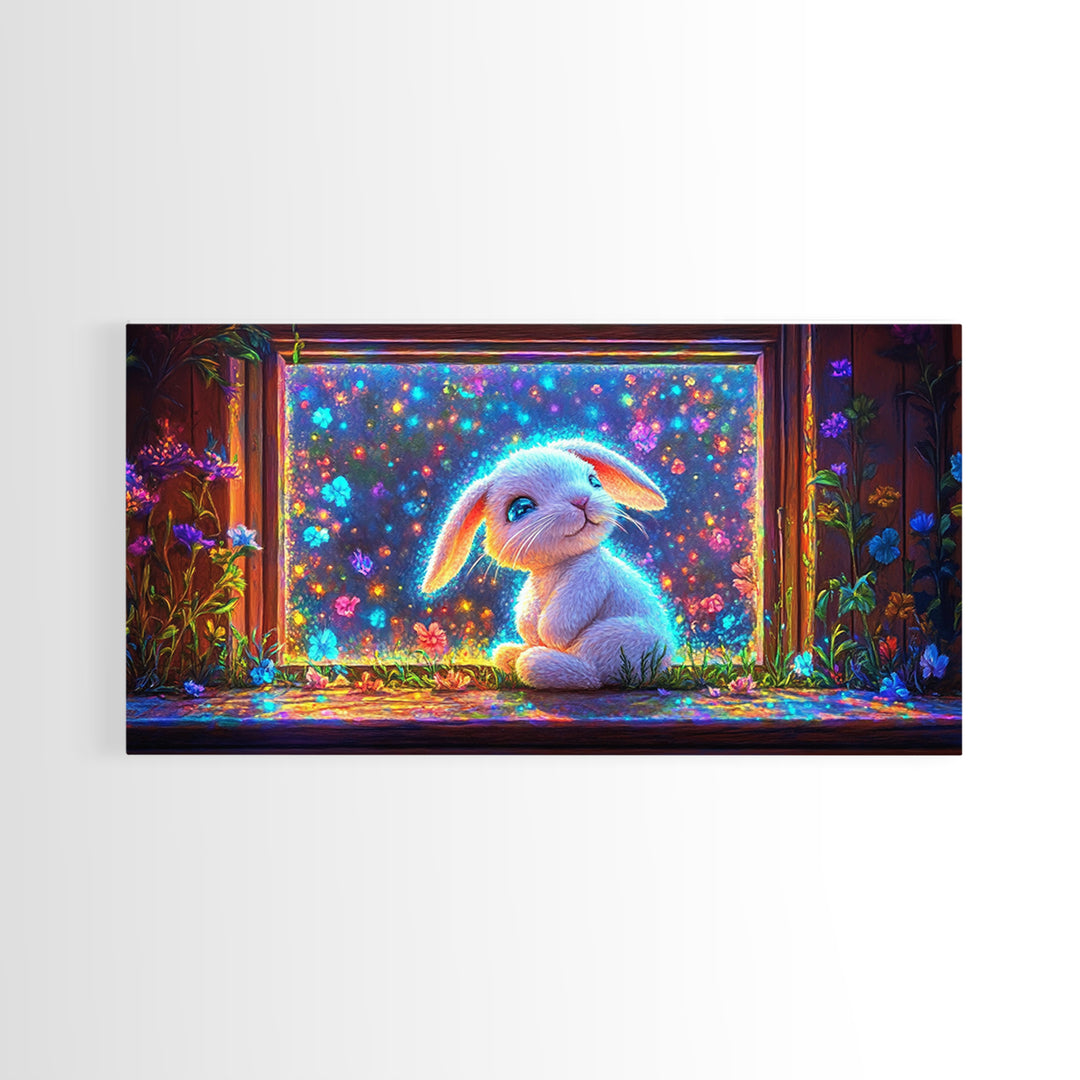 Glowing Bunny In Flower Window Canvas Print, Whimsical Wall Art, Nursery Decor, Kids Room Art, Cute Animal Gift, Baby Room Decor