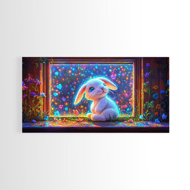 Glowing Bunny In Flower Window Canvas Print, Whimsical Wall Art, Nursery Decor, Kids Room Art, Cute Animal Gift, Baby Room Decor