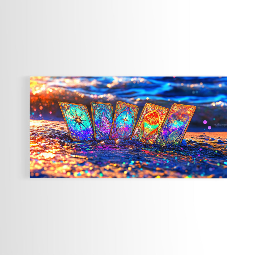 Glowing Tarot Cards On Ocean Shore Wall Art, Celestial Coastal Decor, Mystical Canvas Print, Witchy Gift For Her, Beach House Decor