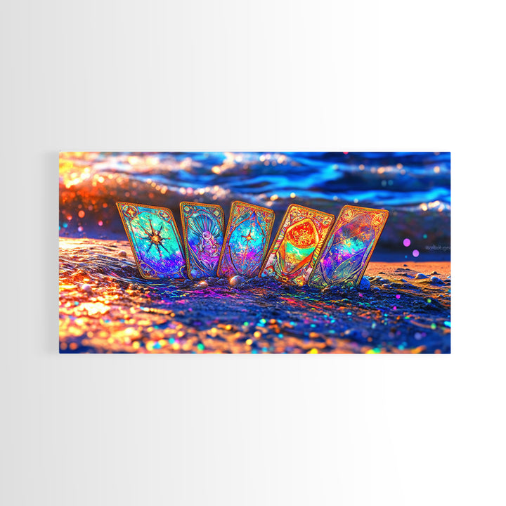 Glowing Tarot Cards On Ocean Shore Wall Art, Celestial Coastal Decor, Mystical Canvas Print, Witchy Gift For Her, Beach House Decor