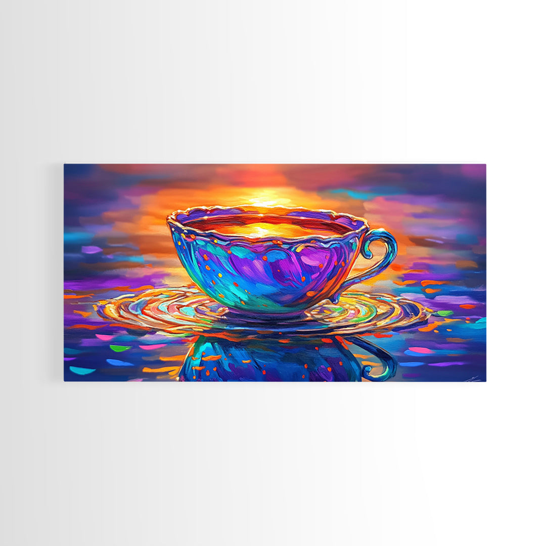 Vibrant Teacup At Sunset Reflection Framed Canvas Print, Cozy Kitchen Wall Art, Coffee Bar Decor, Gift For Tea Lover, Home Decor