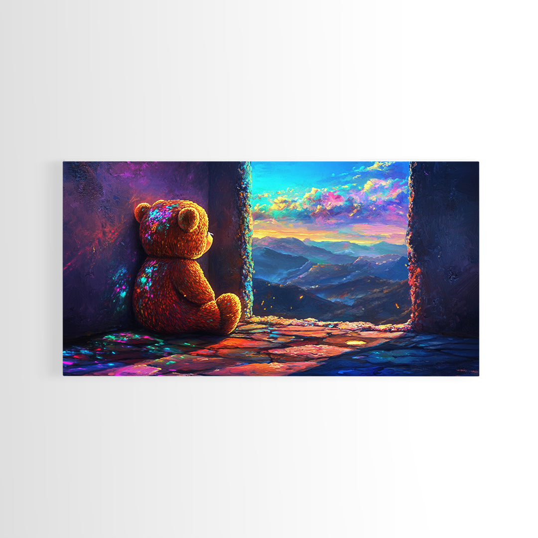 Teddy Bear Watching Mountain Sunset Wall Art, Whimsical Nursery Decor, Cozy Bedroom Canvas Print, Gift For Kids Room Wall Decor