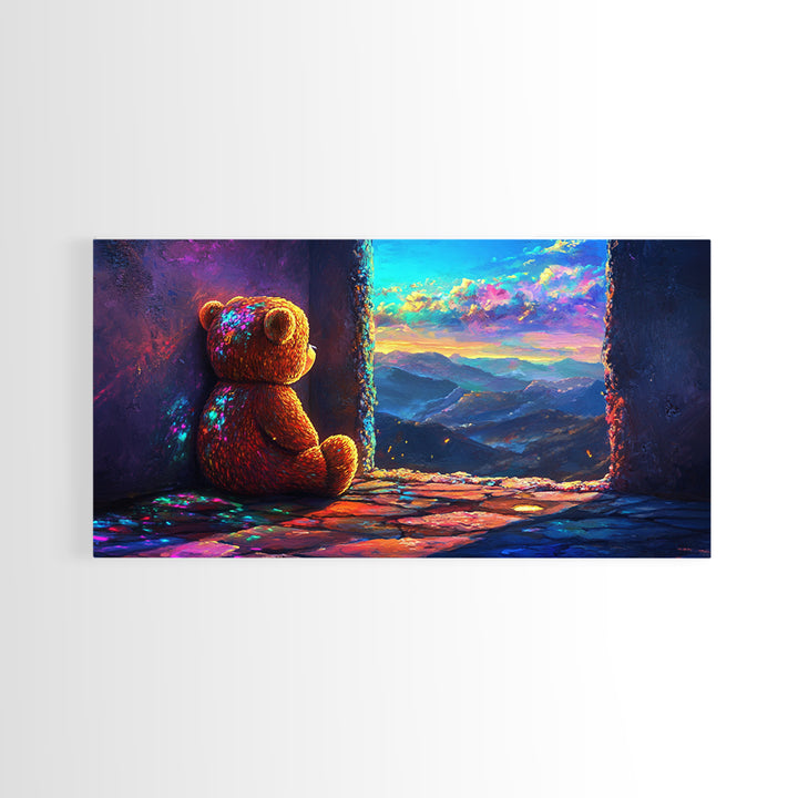 Teddy Bear Watching Mountain Sunset Wall Art, Whimsical Nursery Decor, Cozy Bedroom Canvas Print, Gift For Kids Room Wall Decor