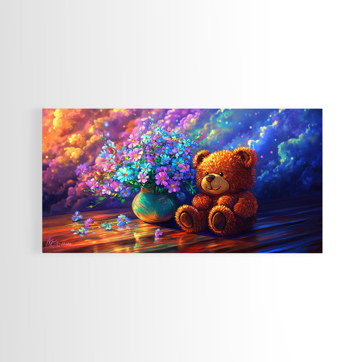 Smiling Teddy Bear With Colorful Wildflowers Canvas Print, Whimsical Nursery Wall Art, Kids Room Decor, Baby Shower Gift