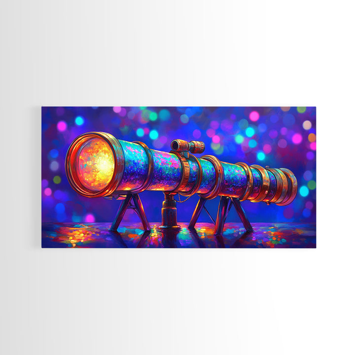 Rainbow Telescope With Cosmic Bokeh Wall Art, Astronomy Decor, Space Lover Canvas Print, Science Poster Gift For Him, Home Office Decor