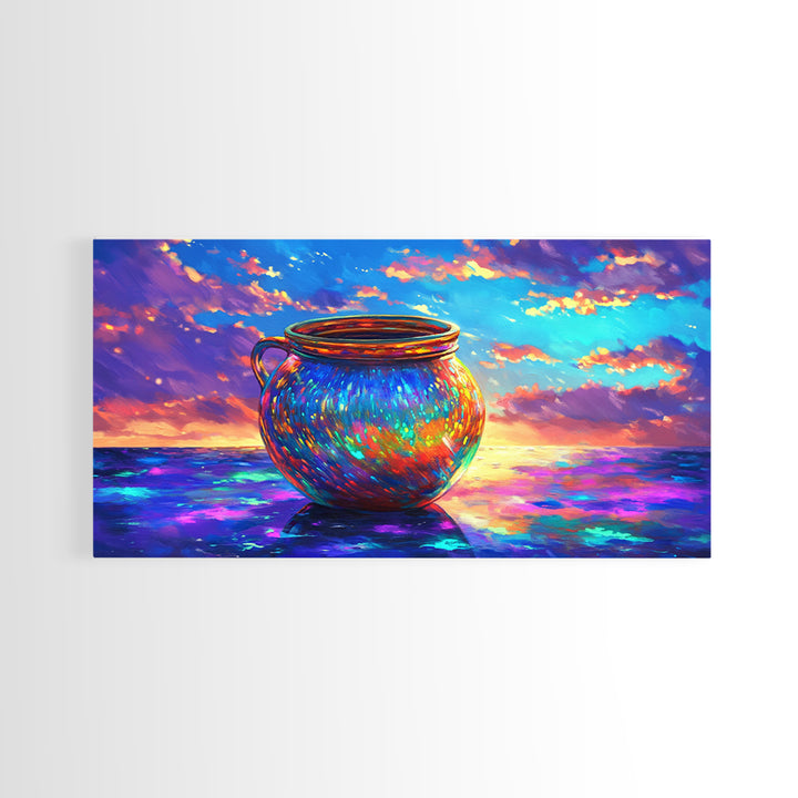 Iridescent Cauldron By Ocean Framed Canvas Print, Colorful Coastal Wall Art, Fantasy Seascape, Beach House Decor Gift Idea