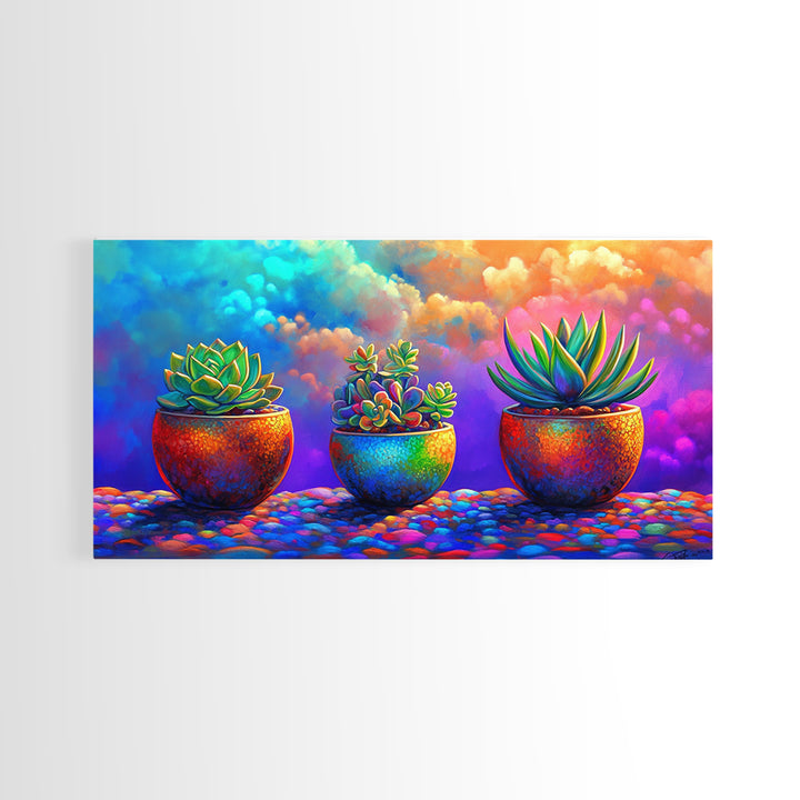 Three Rainbow Succulents Canvas Print, Colorful Botanical Wall Art, Boho Plant Decor, Living Room Art, Housewarming Gift