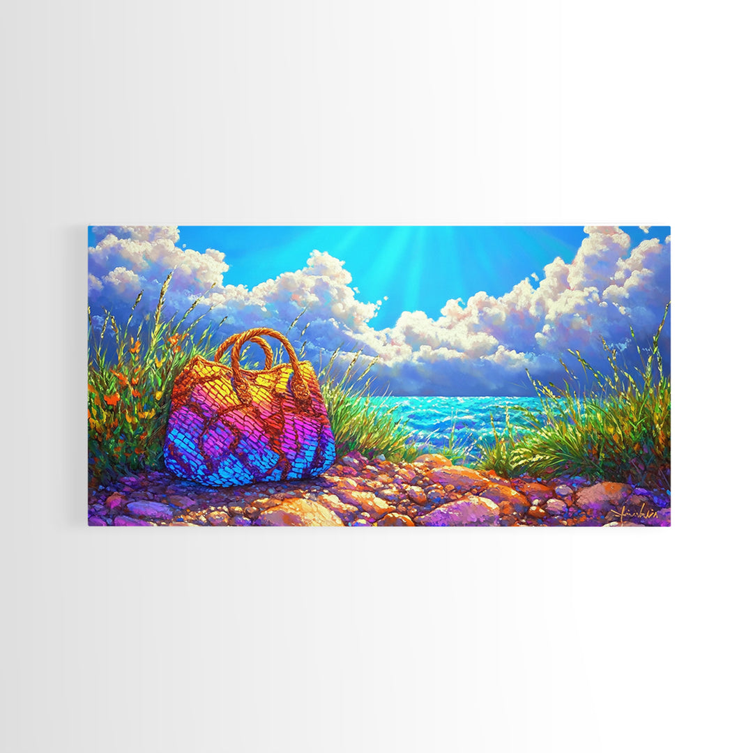 Rainbow Woven Beach Bag Wall Art, Coastal Canvas Print, Beach House Decor, Summer Ocean Art, Tropical Home Decor Gift Idea