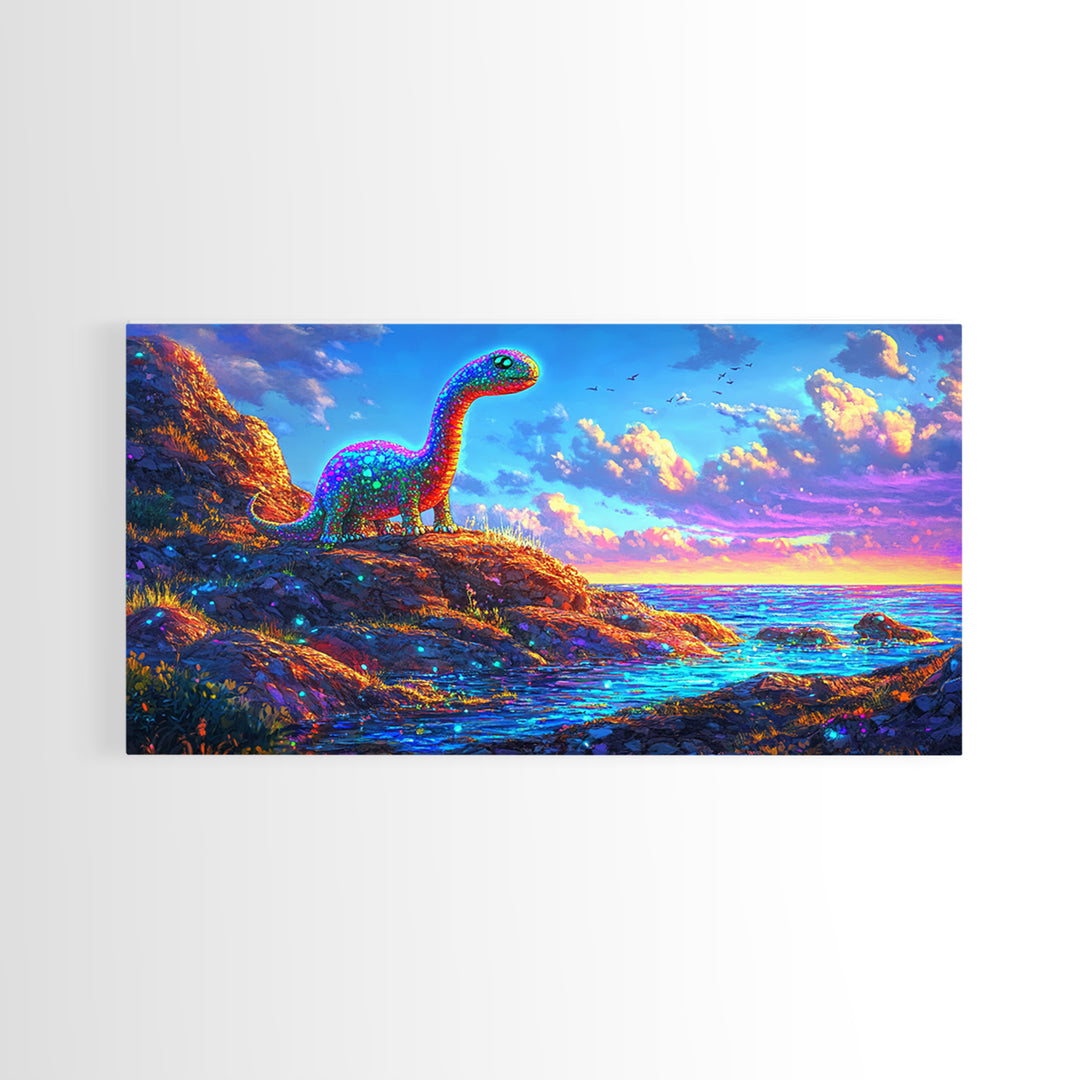 Sparkling Rainbow Dinosaur By Ocean Sunset Wall Art, Colorful Kids Room Decor, Whimsical Nursery Art, Coastal Fantasy Gift