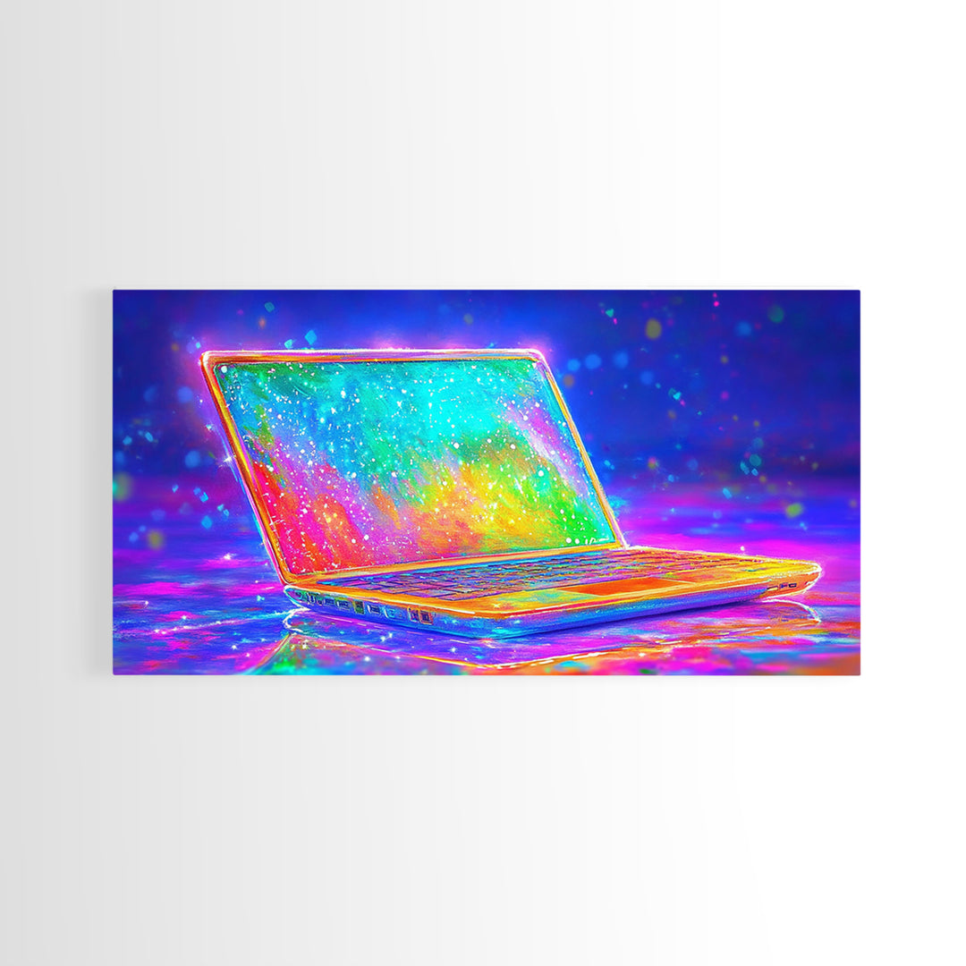 Neon Rainbow Laptop Canvas Print, Cyberpunk Office Wall Art, Tech Art, Gamer Room Decor, Futuristic Home Office Decor, Gift