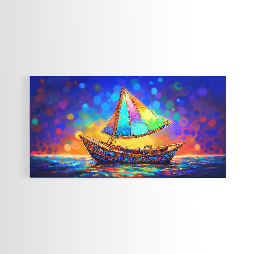 Glowing Rainbow Sailboat Canvas Print, Nautical Wall Art, Coastal Wall Decor, Ocean Nursery Decor, Beach House Decor, Seaside Art