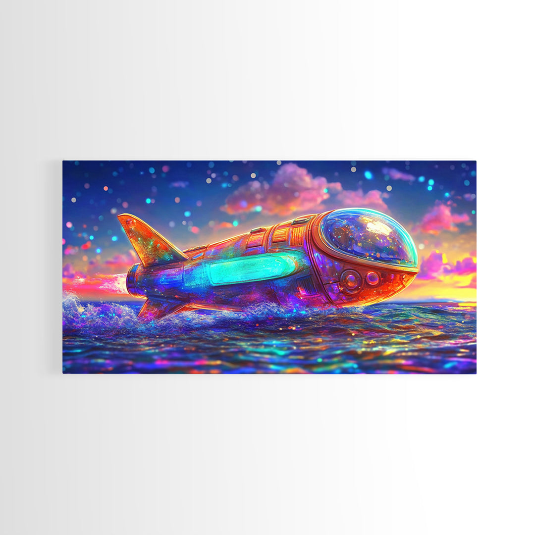 Rainbow Rocket Submarine Canvas Print, Futuristic Ocean Wall Art, Sci Fi Wall Decor, Space Lover Gift, Coastal Nursery Art
