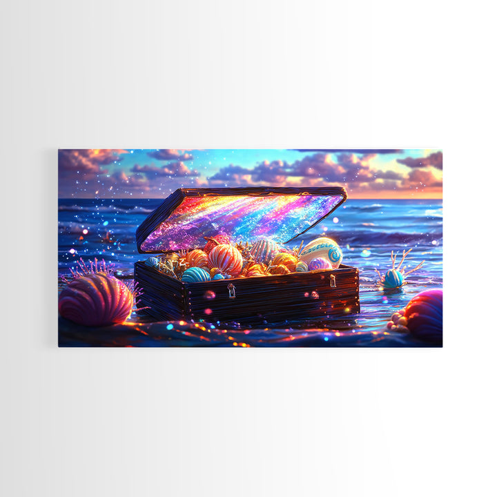 Glowing Sea Treasure Chest With Seashells Canvas Print, Coastal Wall Art, Beach House Decor, Ocean Art, Fantasy Gift, Home Decor