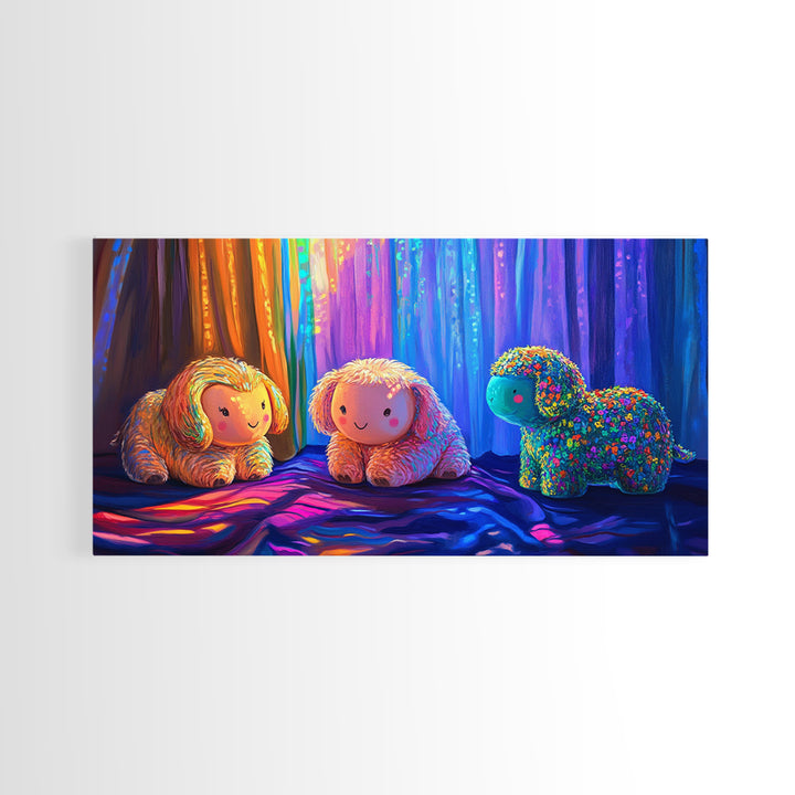 Smiling Plush Animals In Rainbow Curtain Glow Wall Art, Whimsical Animal Art, Nursery Decor, Kids Room Decor, Baby Gift, Cute Art
