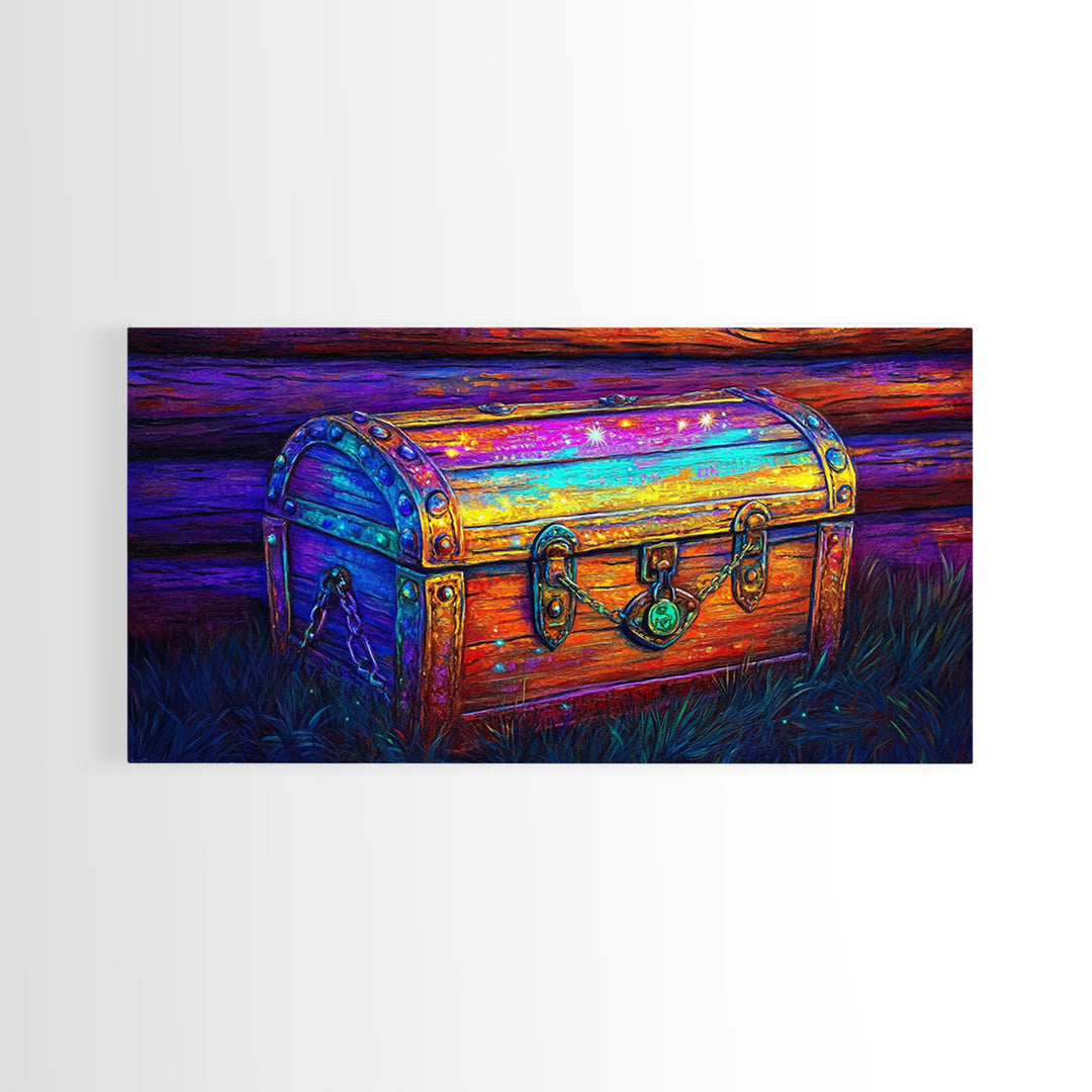 Rainbow Wooden Treasure Chest In Moonlit Grass Canvas Print, Fantasy Art, Whimsical Decor, Rustic Wall Art, Unique Gift, Home Decor