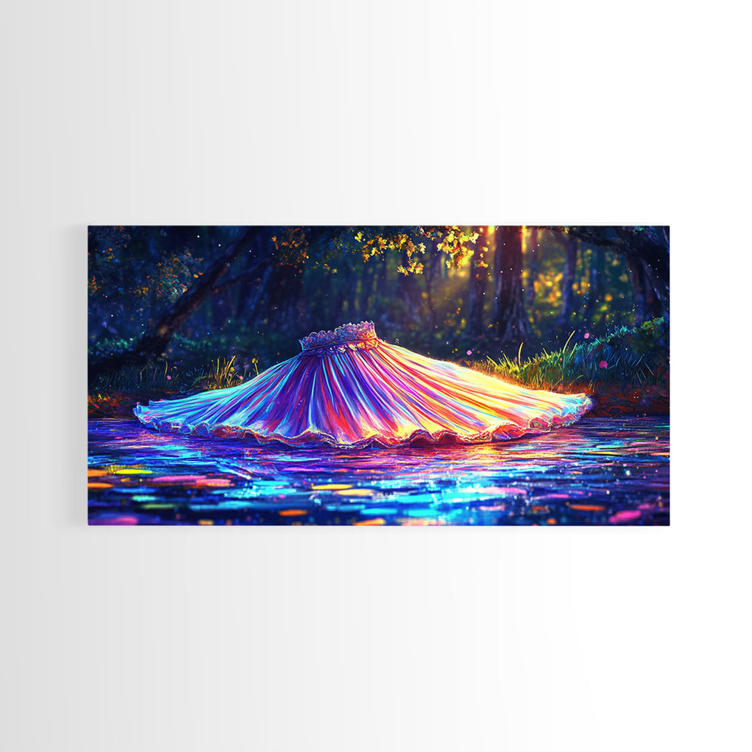 Iridescent Pleated Dress Floating In Forest Stream Wall Art, Fantasy Art, Whimsical Decor, Nature Wall Art, Statement Art