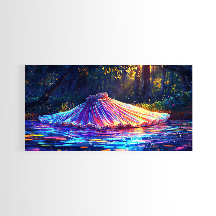 Iridescent Pleated Dress Floating In Forest Stream Wall Art, Fantasy Art, Whimsical Decor, Nature Wall Art, Statement Art