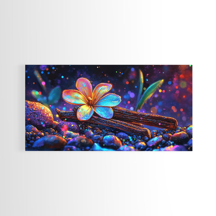 Glowing Flower On Driftwood Pebbles Framed Canvas Print, Nature Wall Art, Whimsical Decor, Botanical Art, Unique Gift, Home Decor