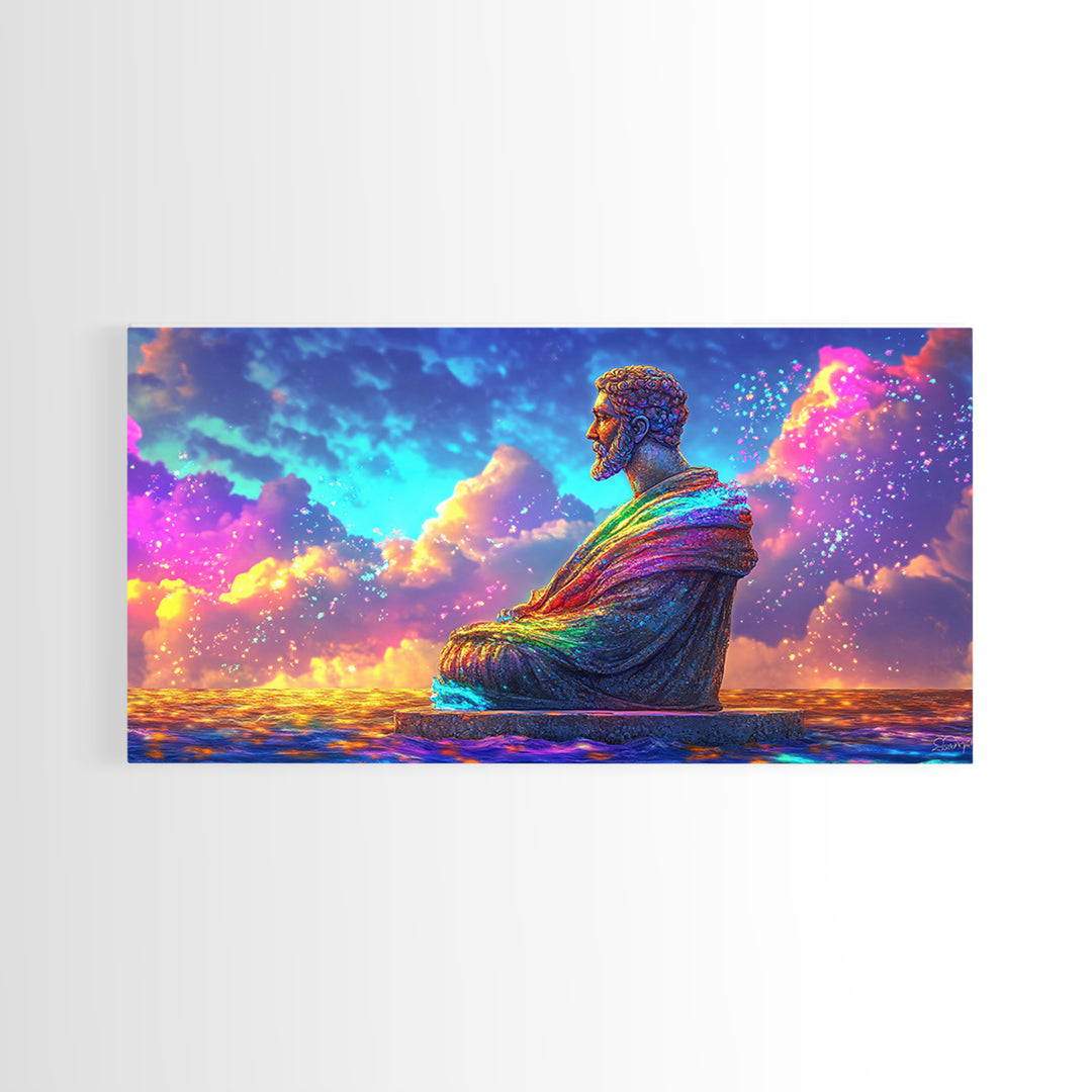 Rainbow Buddha Statue At Ocean Sunset Wall Art, Meditation Room Decor, Spiritual Wall Art, Yoga Studio Decor, Zen Home Decor