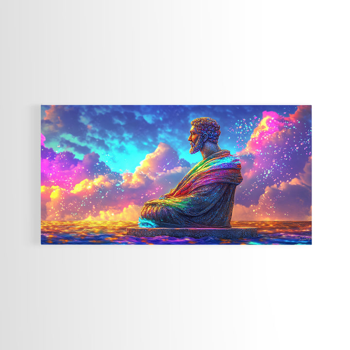 Rainbow Buddha Statue At Ocean Sunset Wall Art, Meditation Room Decor, Spiritual Wall Art, Yoga Studio Decor, Zen Home Decor