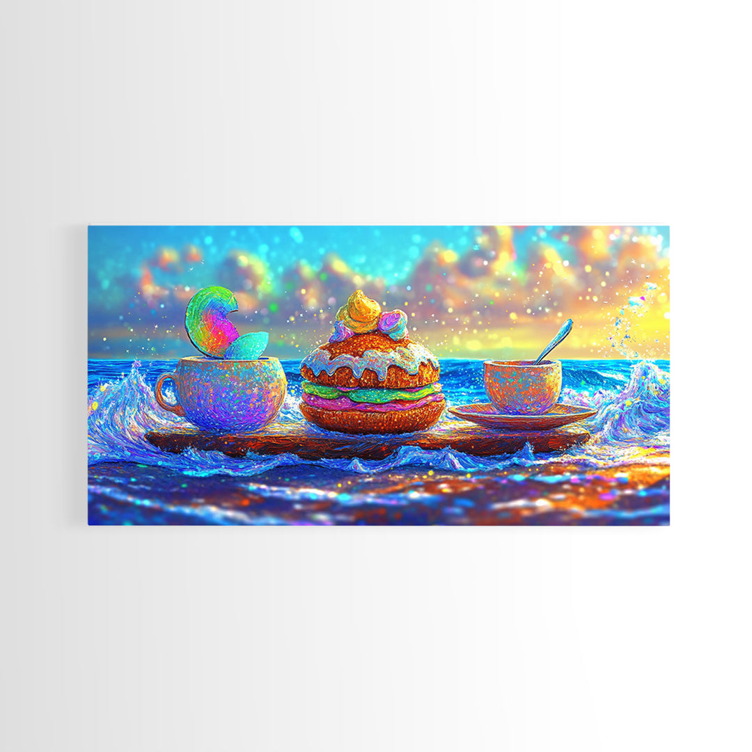 Whimsical Ocean Tea Cup And Macaron Canvas Print, Bakery Wall Art, Coastal Kitchen Decor, Dessert Art Gift For Her, Cafe Wall Decor