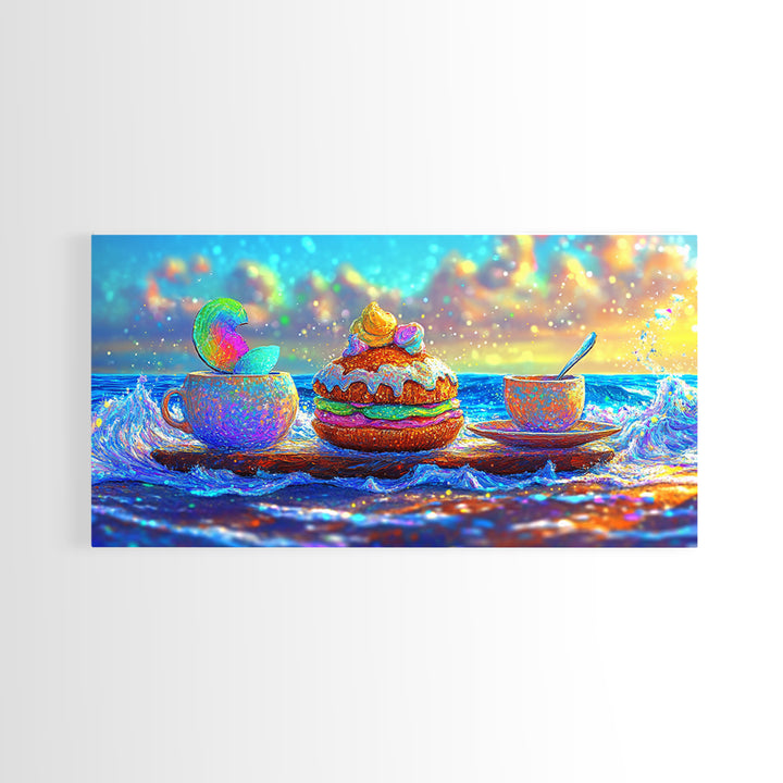 Whimsical Ocean Tea Cup And Macaron Canvas Print, Bakery Wall Art, Coastal Kitchen Decor, Dessert Art Gift For Her, Cafe Wall Decor