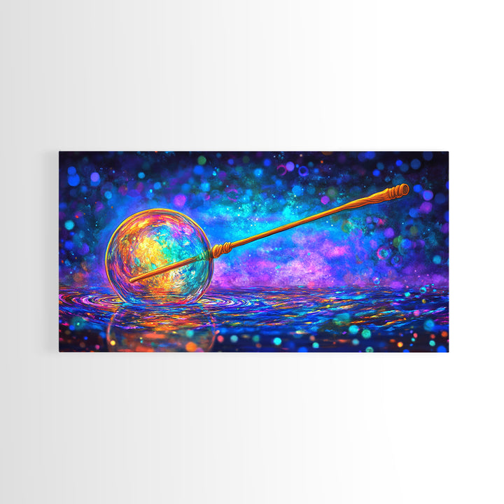 Glowing Cosmic Orb And Golden Wand Canvas Print, Mystical Celestial Wall Art, Modern Fantasy Home Decor, Witchy Gift For Her
