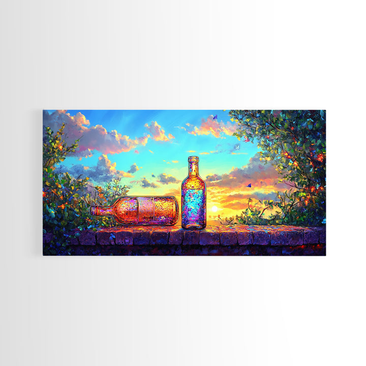 Sunset Garden Bottles On Stone Wall Framed Canvas Print, Colorful Wine Wall Art, Rustic Kitchen Decor, Housewarming Gift
