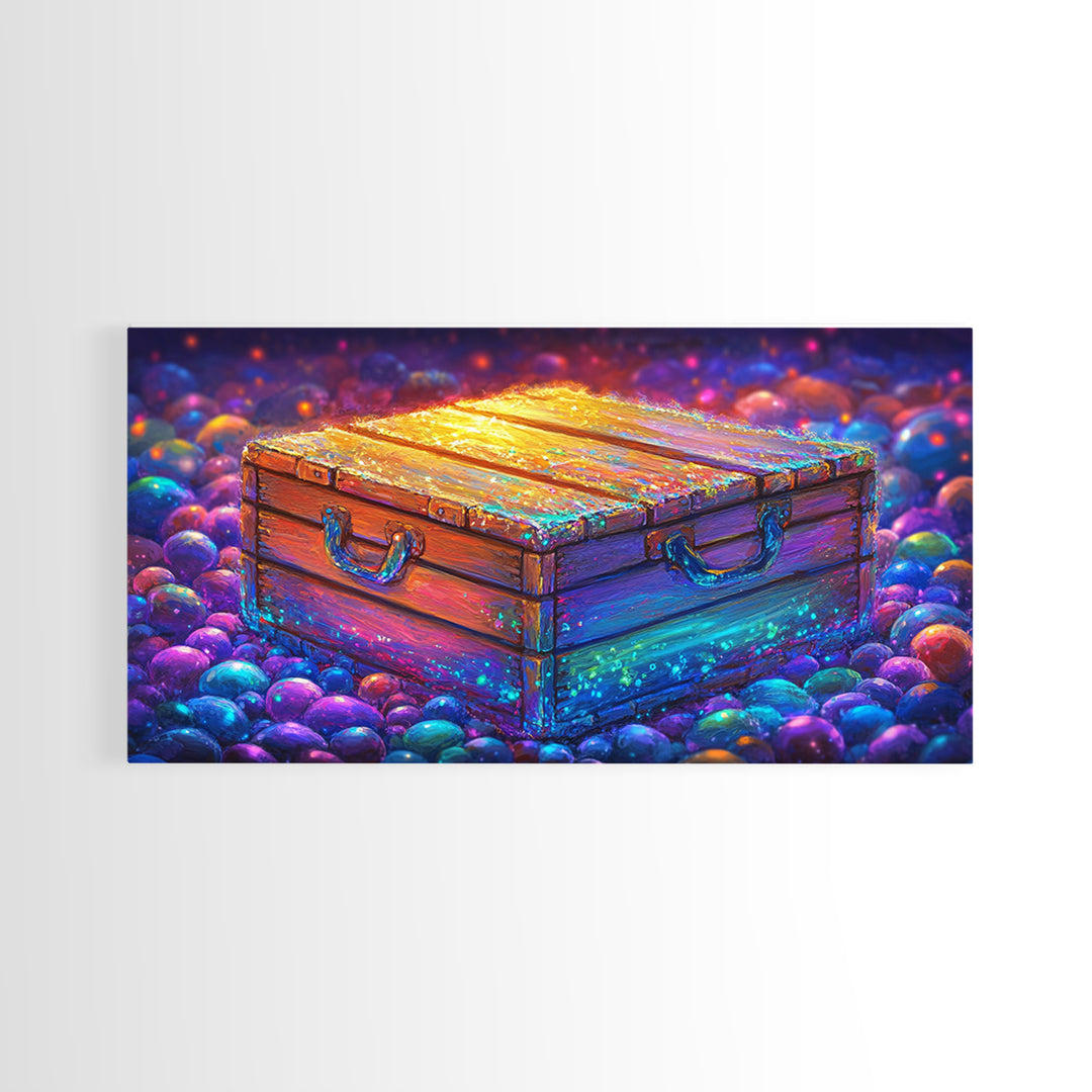 Glowing Wooden Treasure Chest Canvas Print, Whimsical Fantasy Wall Art, Colorful Rustic Home Decor, Unique Housewarming Gift