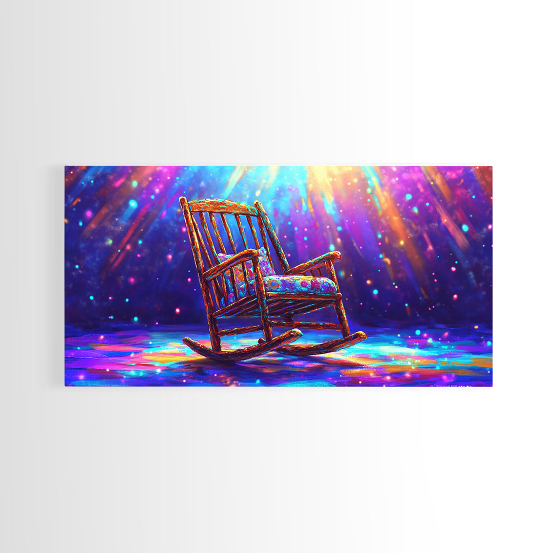 Rainbow Rocking Chair Under Spotlight Framed Canvas Print, Cozy Living Room Wall Art, Whimsical Home Decor, Housewarming Gift