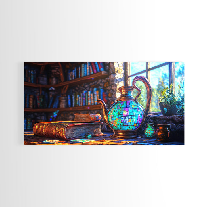 Mosaic Teapot And Antique Books Canvas Print, Library Wall Art, Dark Academia Decor, Book Lover Gift, Cozy Home Decor, Office Decor