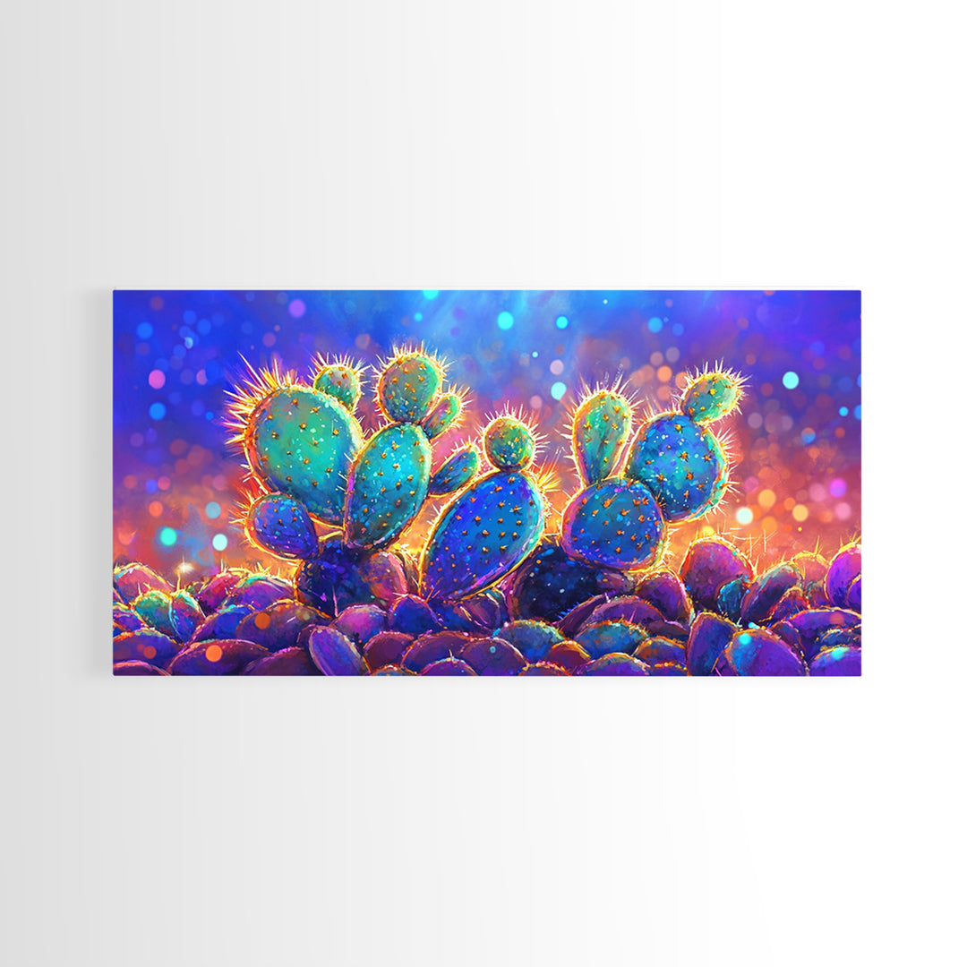 Glowing Prickly Pear Cactus At Twilight Wall Art, Vibrant Desert Canvas, Colorful Southwestern Decor, Boho Living Room Print