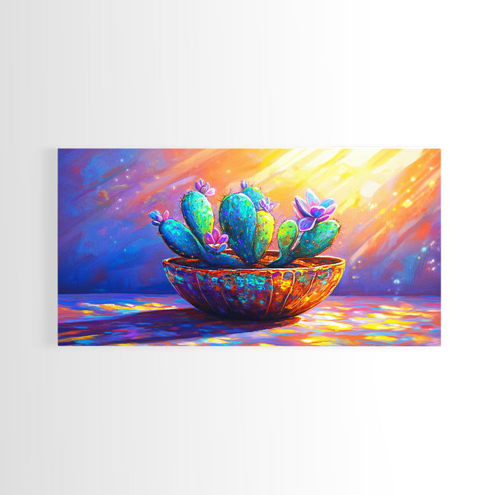 Sunlit Blooming Cactus In Rustic Bowl Canvas Print, Colorful Desert Botanical Art, Southwestern Kitchen And Living Room Decor