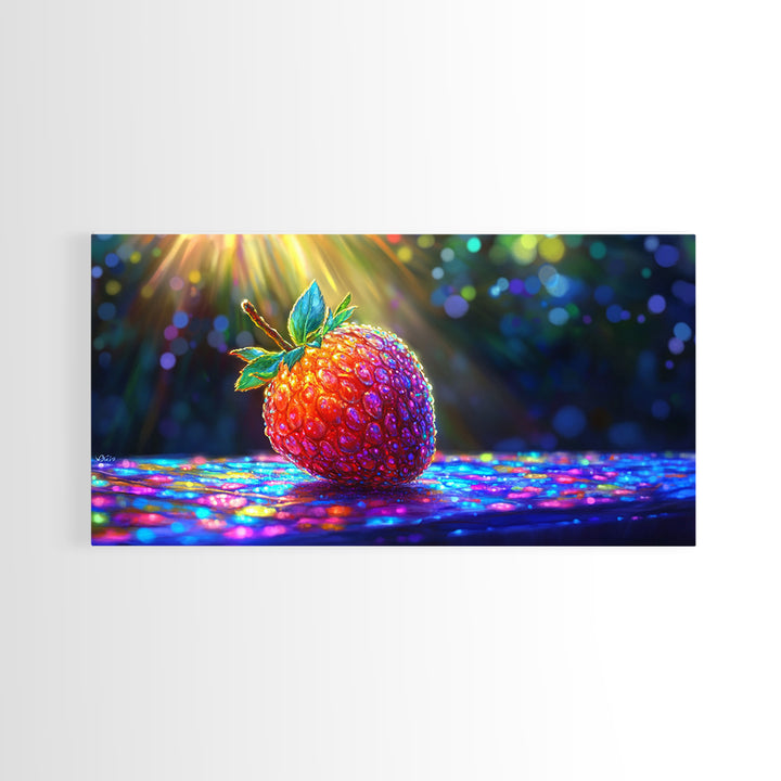 Glowing Strawberry Under Sunbeams Canvas Print, Colorful Fruit Wall Art, Whimsical Kitchen Decor And Food Lover Gift Idea