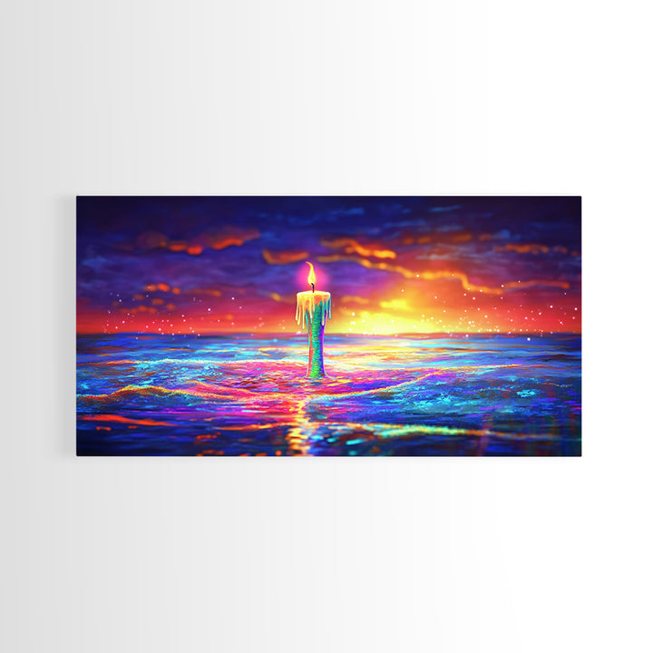 Tall Candle Burning Over Sunset Sea Wall Art, Colorful Seascape Canvas, Coastal Meditation Home Decor And Serene Ocean Print