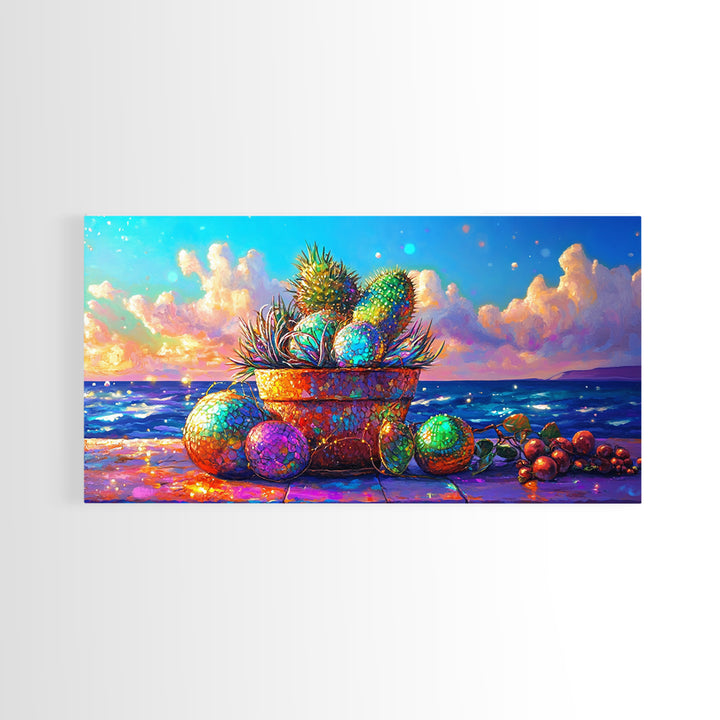 Prickly Pear Cactus Basket Wall Art, Coastal Tropical Still Life, Beach House Decor, Colorful Fruit Print, Summer Canvas