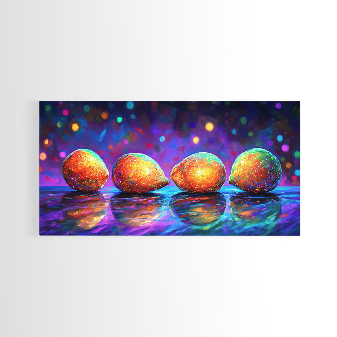 Four Bright Mangoes Wall Art, Colorful Fruit Still Life, Modern Kitchen Decor, Tropical Art Print, Vibrant Dining Room Canvas