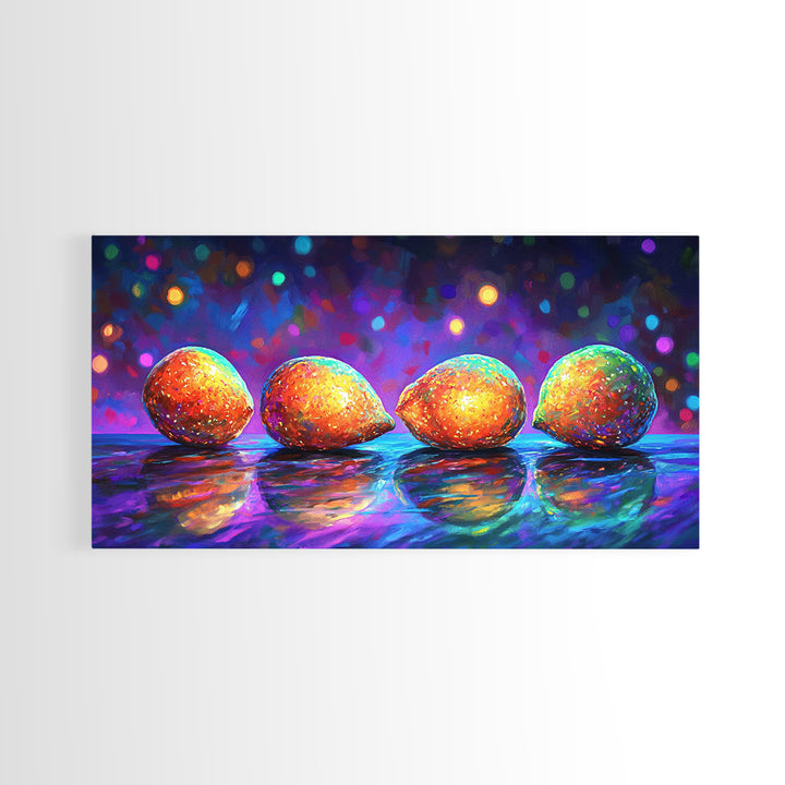 Four Bright Mangoes Wall Art, Colorful Fruit Still Life, Modern Kitchen Decor, Tropical Art Print, Vibrant Dining Room Canvas