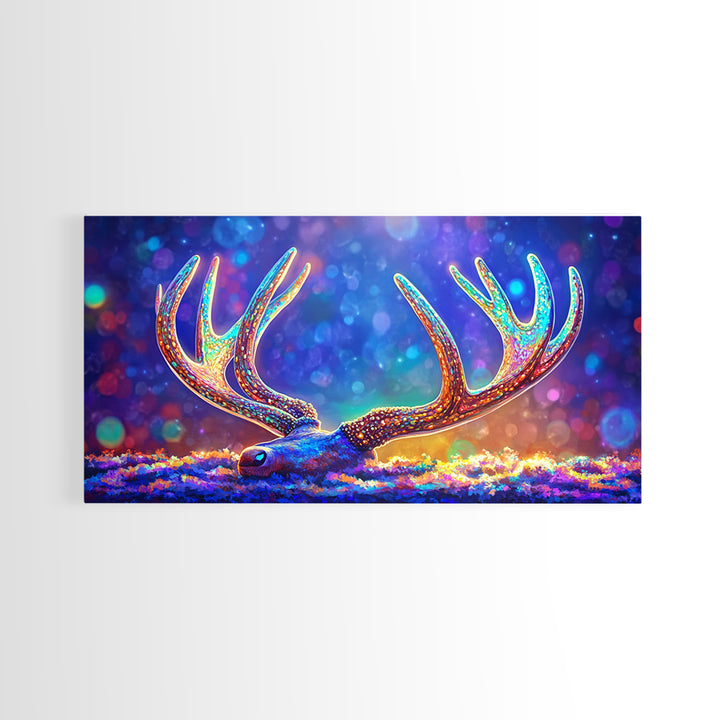 Glowing Deer Antlers Wall Art, Surreal Wildlife Print, Colorful Nature Decor, Rustic Cabin Gift, Whimsical Animal Canvas