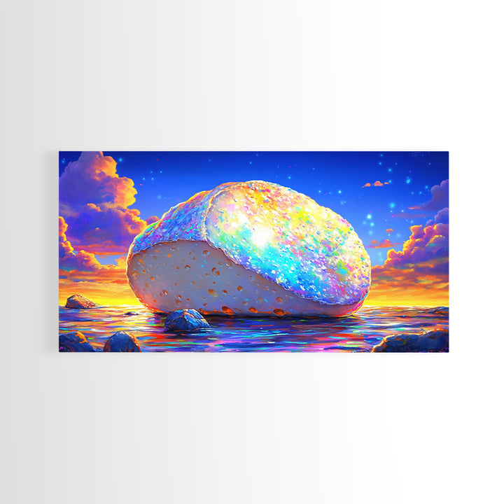 Glowing Rainbow Sea Stone At Sunset Wall Art, Colorful Coastal Canvas, Surreal Beach Decor, Ocean Landscape Living Room Print