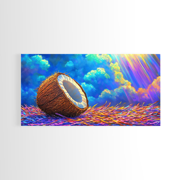 Sunlit Coconut On Tropical Straw Canvas Print, Beach House Wall Art, Coastal Decor, Vibrant Ocean Wall Decor Gift For Summer Home Decor