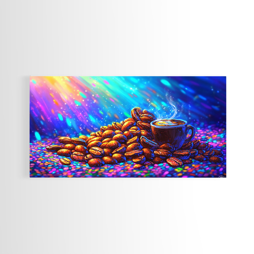 Steaming Coffee Cup With Roasted Beans Canvas Print, Coffee Bar Wall Art, Kitchen Decor, Cafe Poster Gift For Coffee Lover